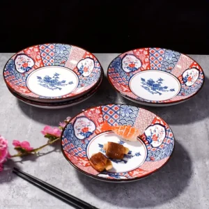 Lot de 4 assiettes japonaises en céramique couleur rouge et bleu