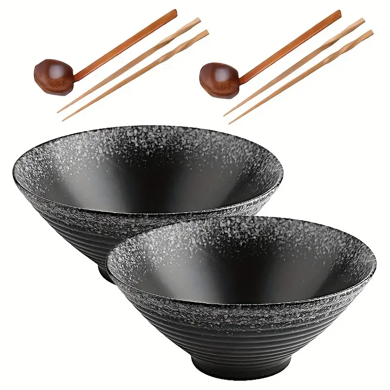 Lot De 2 Bols à Ramen En Céramique 1200 Ml - Avec Baguettes Et Cuillères, Diamètre 20 Cm, Rouge - Pour Soupes, Nouilles